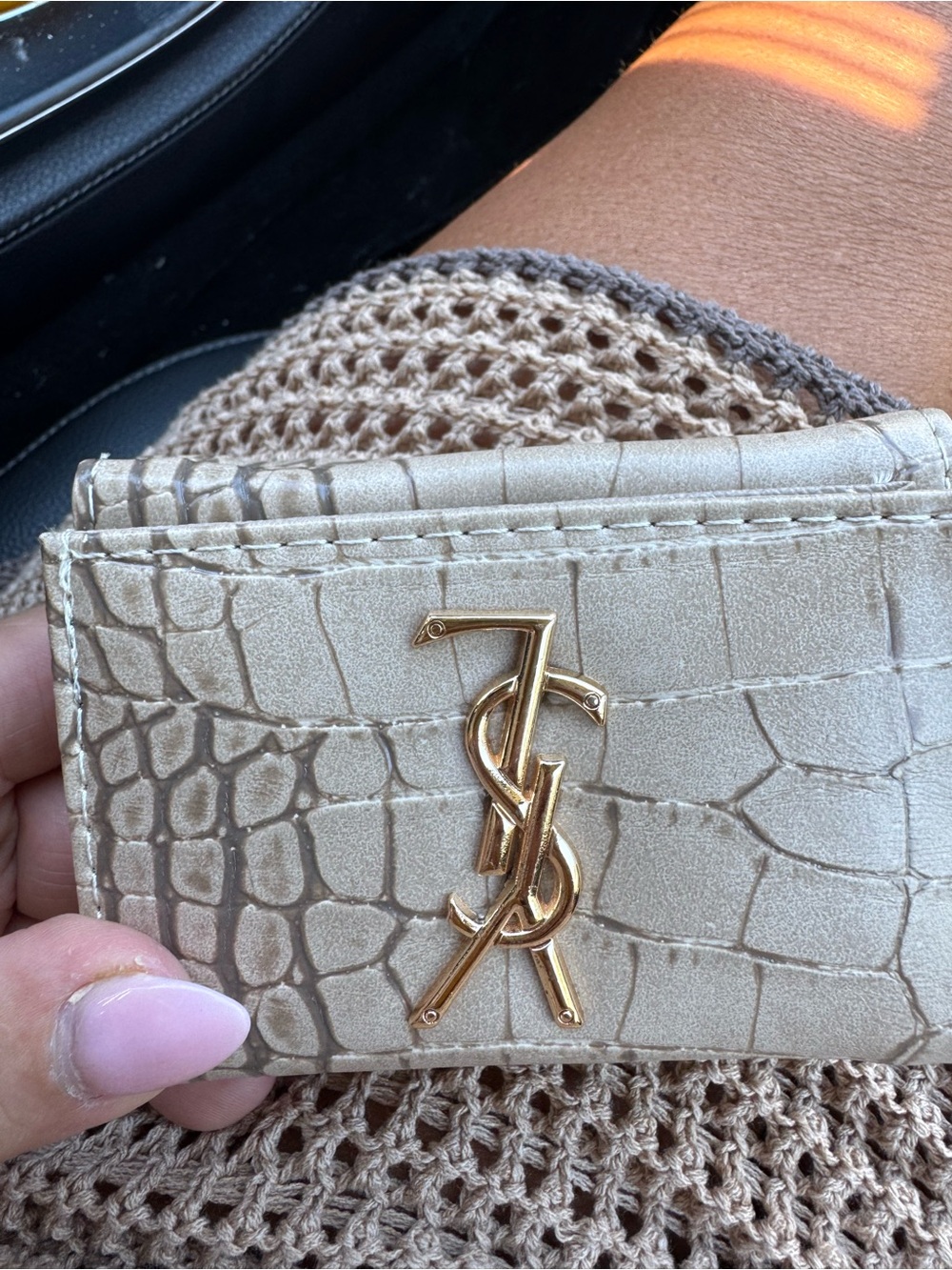 Saint Laurent Beige Croc-Embossed Card Holder with Gold YSL Logo